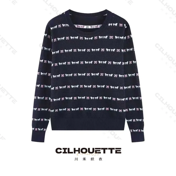 川禾织衣 早秋撞色条纹提花圆领套头100纯兰精天丝高端长袖针织衫