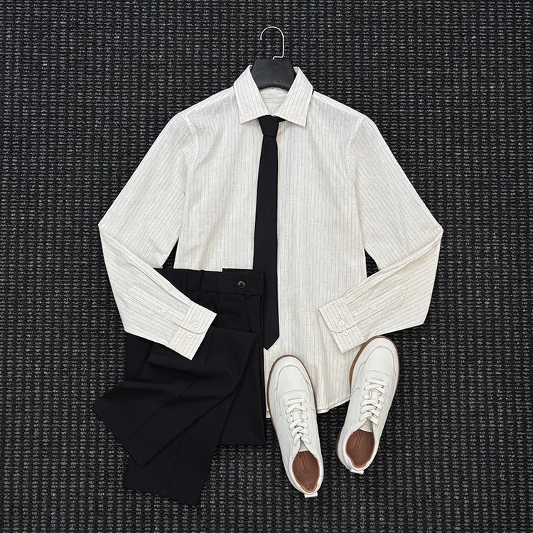 MIGSIMHE·轻奢优雅老钱纯棉杏条纹衬衫长袖男士商务休闲正装衬衣