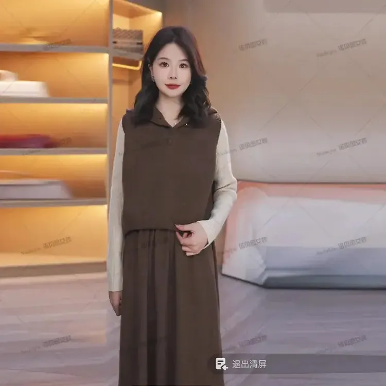 nuobeiyin/诺贝因冬季新款针织连衣裙连帽马甲两件套装裙 NDG9025