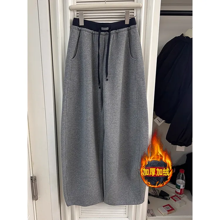 高腰直筒加绒拖地阔腿裤女欧洲站2025秋冬宽松百搭弯刀休闲运动裤