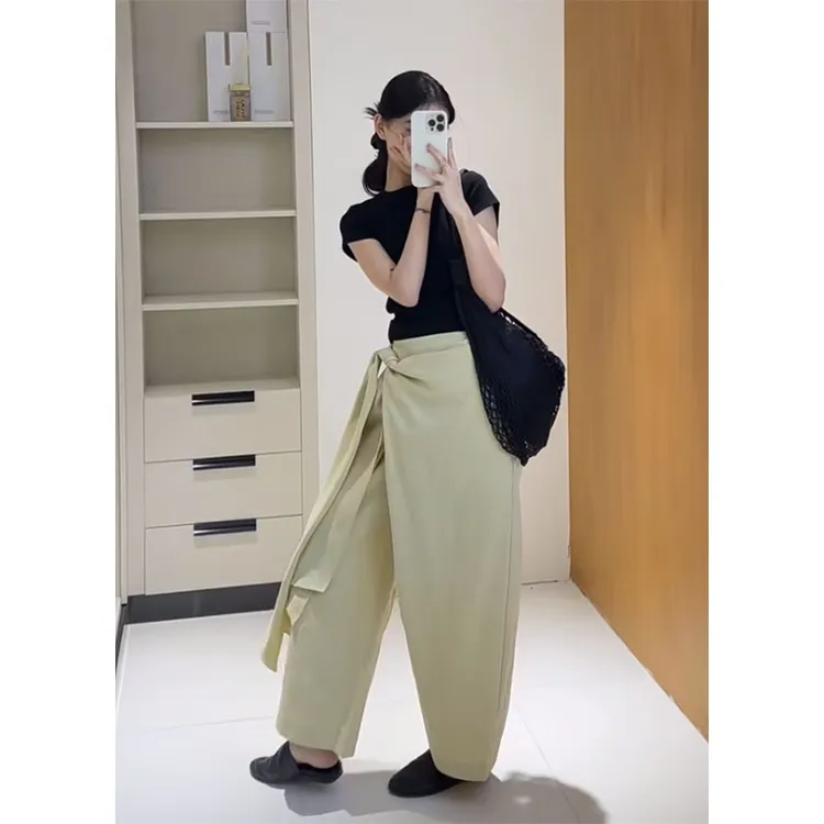 新款纯色时尚百搭宽松短袖T恤高腰宽松设计感腰头绑带直筒裤长裤