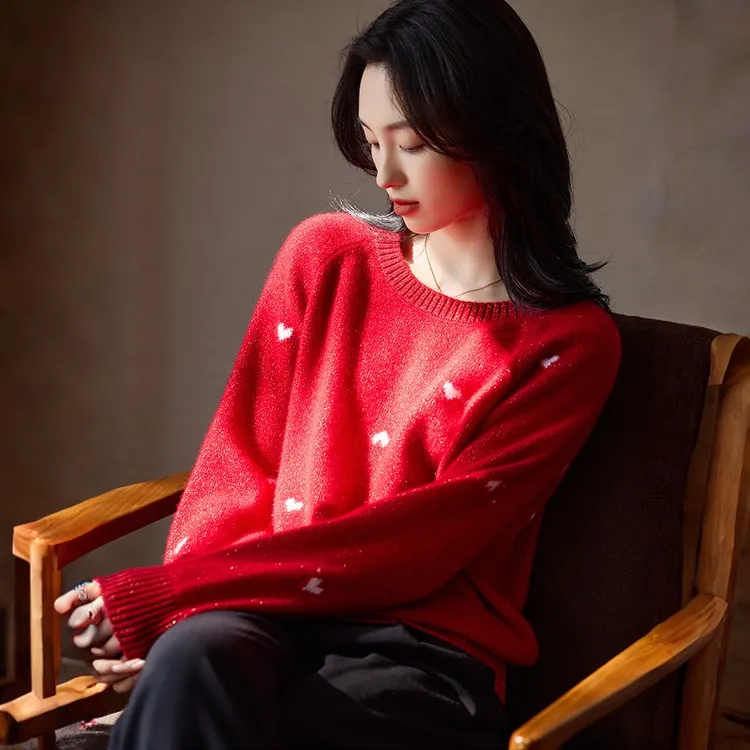时髦亮丝中国红毛衣打底女秋冬新款加厚纯羊毛针织衫圆高领羊绒衫