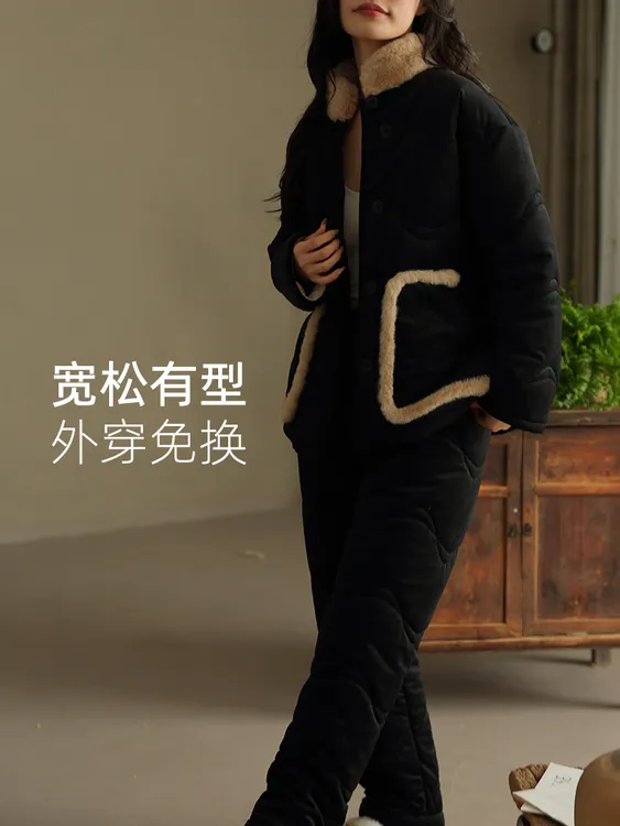 木苍子立领套装中式睡衣冬季加绒加厚三层夹棉家居服套装保暖棉服