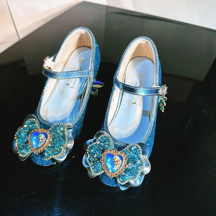 全包新款女童单鞋公主蝴蝶公主鞋儿童高跟皮鞋冰雪奇缘艾莎水晶鞋