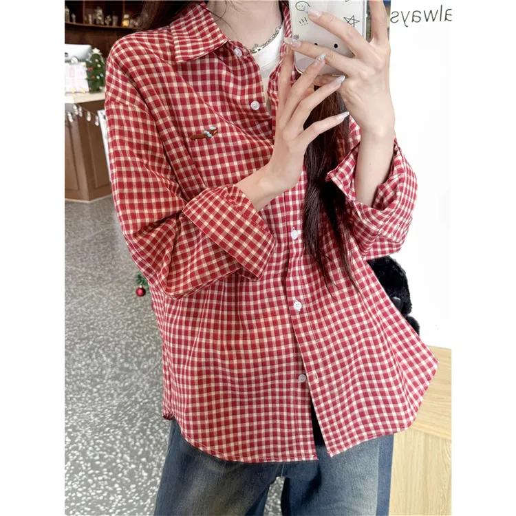 红格子衬衫氛围感穿搭内搭外穿宽松polo领格子开衫上衣女休闲
