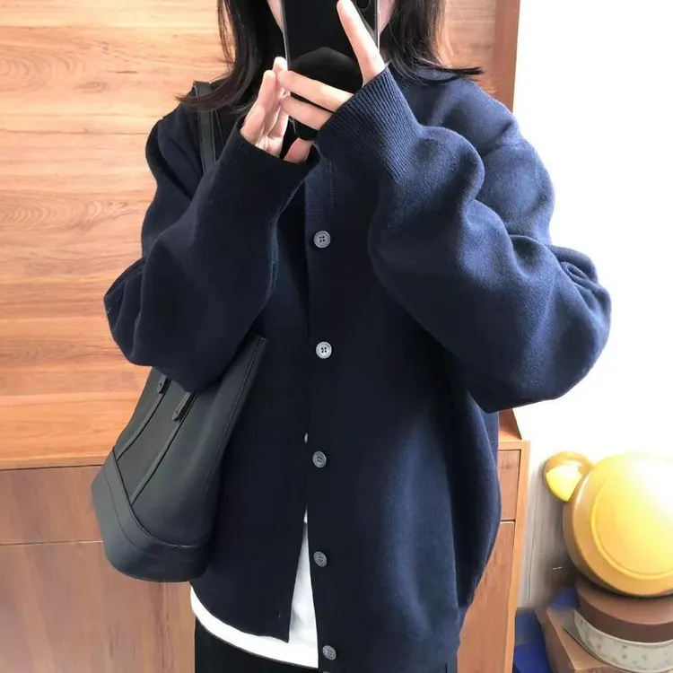 法乐琪藏青色针织开衫秋冬宽松慵懒风新款上衣洋气高级感毛衣外套