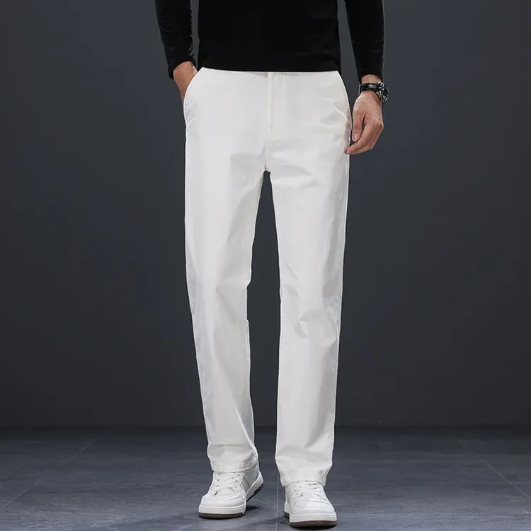 [男士纯棉]纯白色经典宽松直筒裤白色裤百搭健身弹力休闲加绒裤子