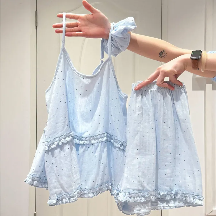 甜美少女波点吊带短裤睡衣女2025新款夏季大码宽松家居服套装ins