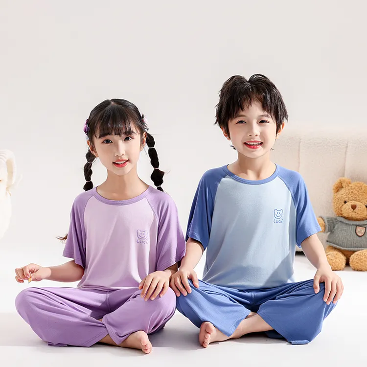 儿童夏季家居服套装莫代尔无骨短袖九分裤男女童中大童空调服睡衣