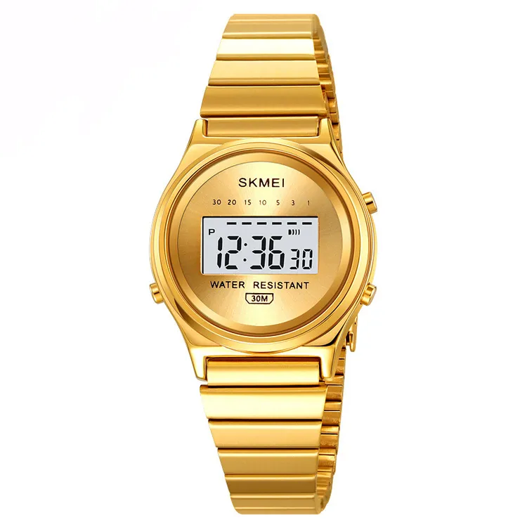 金色钢带手表女士腕表品牌多功能防水日历闹钟时尚潮流学生电子表