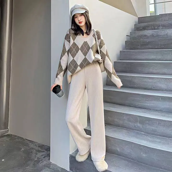 复合灯芯绒裤子女2023秋冬新款百搭直筒显瘦收腰加绒加厚阔腿裤潮