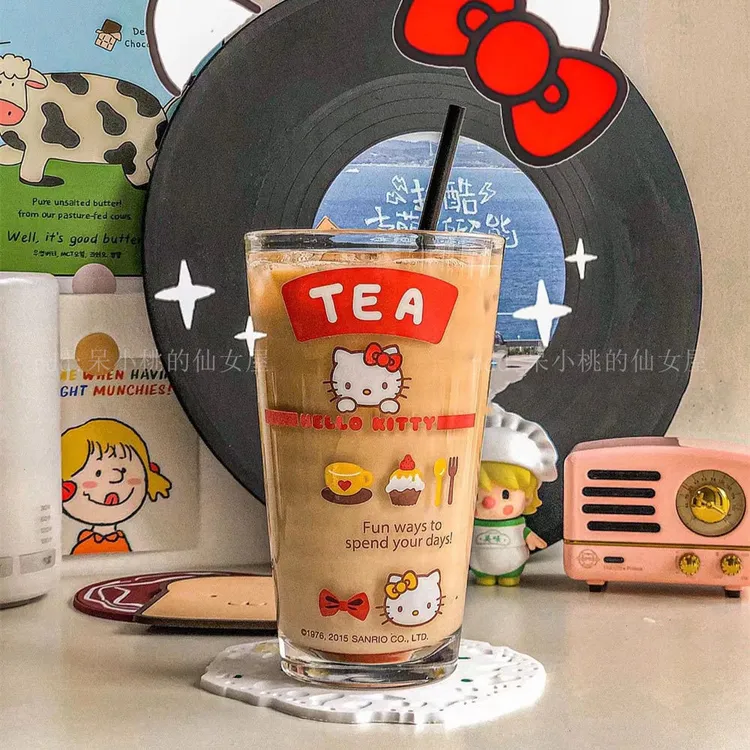 新款卡通可爱ins风kt猫玻璃杯咖啡杯家居宿舍吸管杯学生水杯子yj