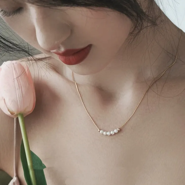 轻奢小众小米珠极光天然淡水珍珠锁骨链14K包金轻奢款微笑项链