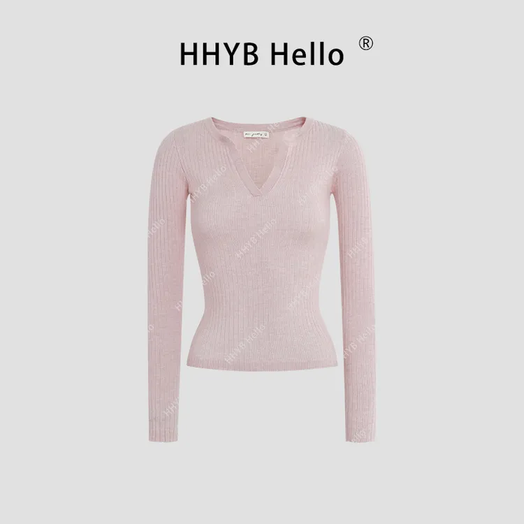 HHYB Hello【2025春季新款】V领修身内搭针织打底衫独特上衣女M984