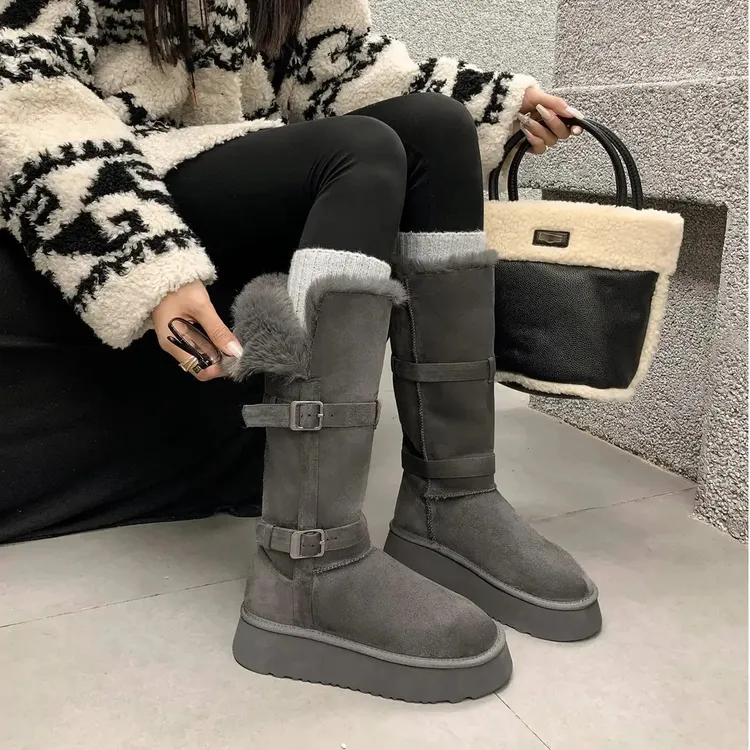 两穿定制灰色高筒雪地靴2025冬季新款厚底增高绒面中筒时尚雪地棉
