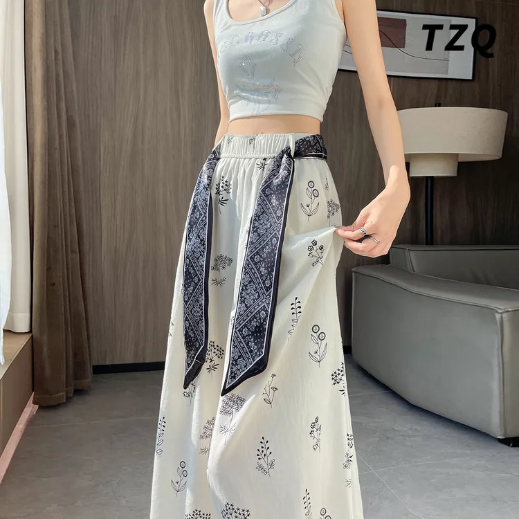 白色印花阔腿裤女秋季厚款飘带高腰小个子九分直筒裤子TZQ2572210