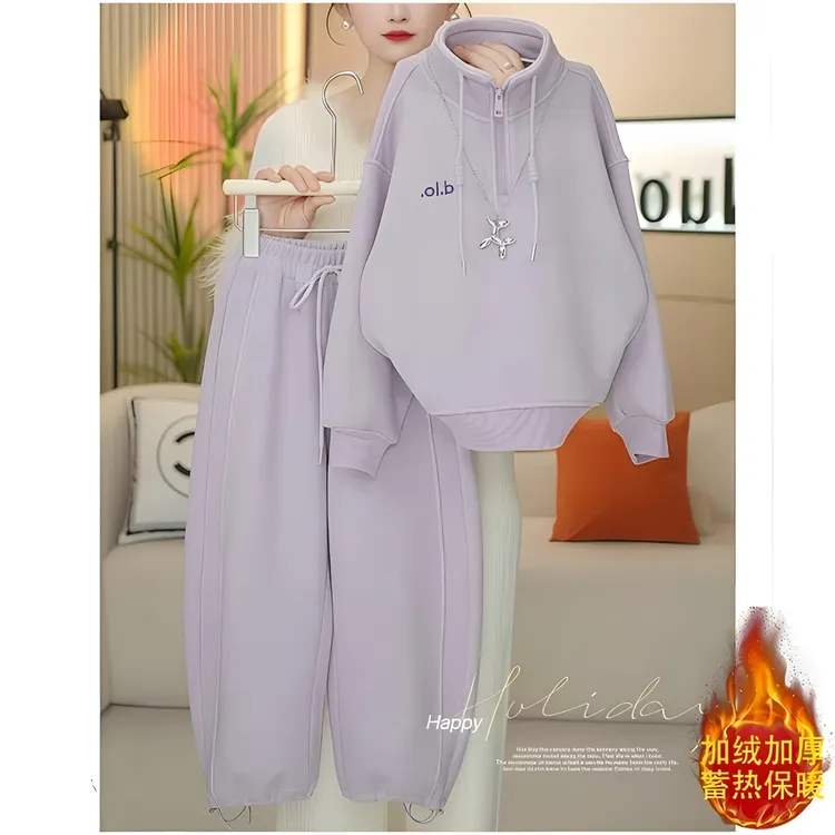 女童加绒卫衣弯刀卫裤套装秋冬2025新款双面绒加厚一体奥粒绒保暖