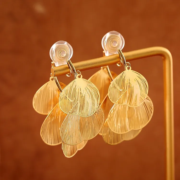 铜合金耳饰 金色银杏叶流苏耳夹女无耳洞蚊香盘耳环简约小众耳饰