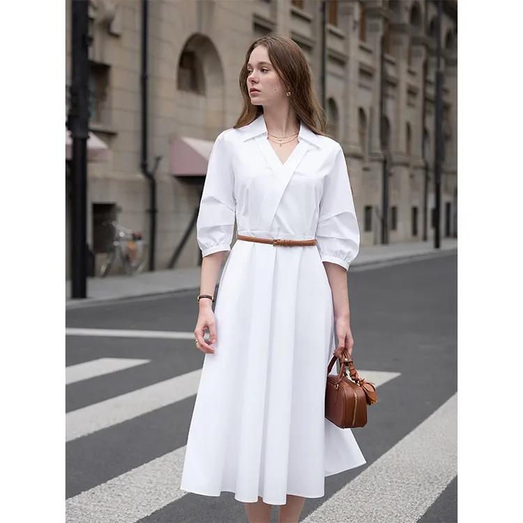 范思蓝恩气质感通勤纯色连衣裙春季新款通勤衬衫长款裙25FS11288