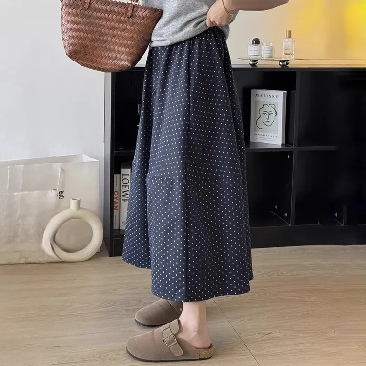 藏青色波点半身裙女春秋新款胖mm高腰宽松遮胯显瘦半裙拼接A字裙