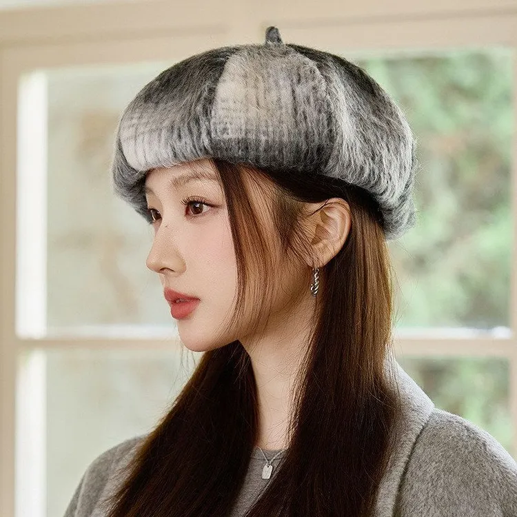 英伦风复古百搭格纹贝雷帽秋冬季帽子女款高级感八角帽保暖画家帽