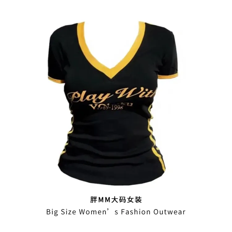 大码微胖MM美式复古撞色正肩设计感短袖上衣修身显瘦遮肉