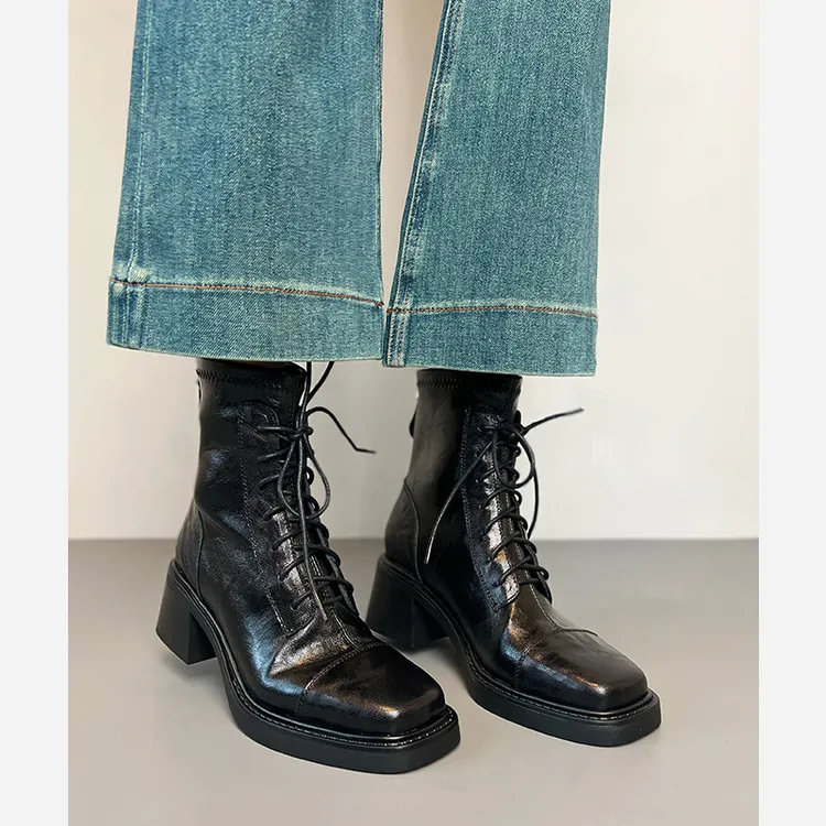 羊皮版~复古静音底高跟短靴女粗跟瘦瘦靴百搭显瘦厚底英伦马丁靴