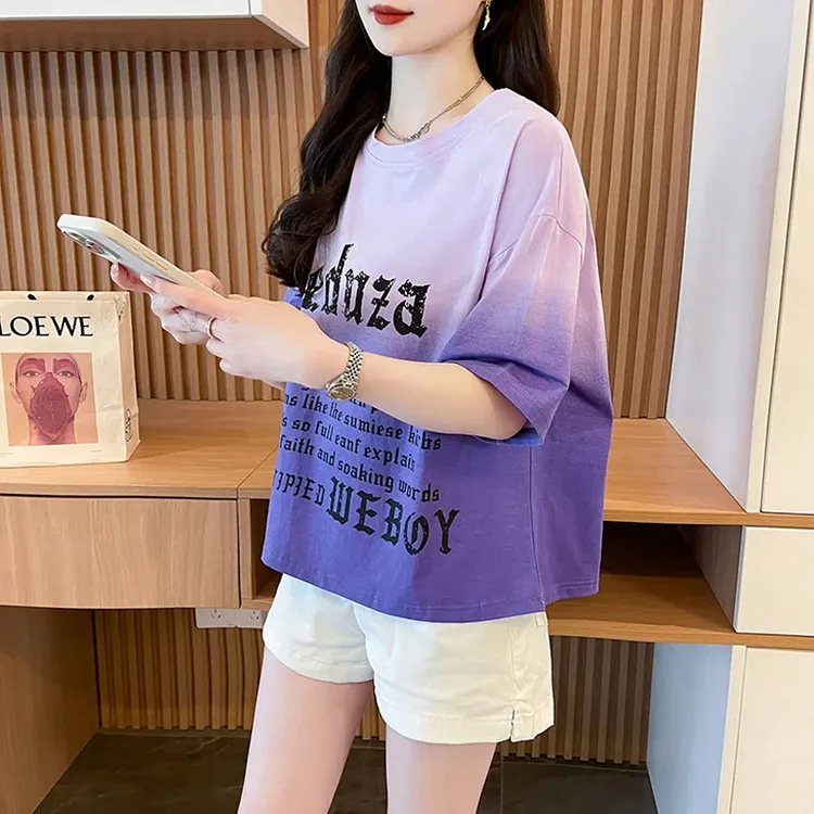 设计感渐变色纯棉短袖t恤女夏季宽松大码女装洋气小个子短款上衣