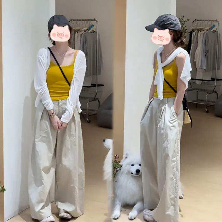 韩系白色长袖防晒开衫上衣黄色吊带背心两件套女2025夏季新款套装