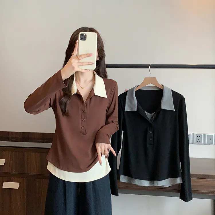 2025秋装新款胖mm大码女休闲百搭polo领撞色假两件长袖上衣A2111