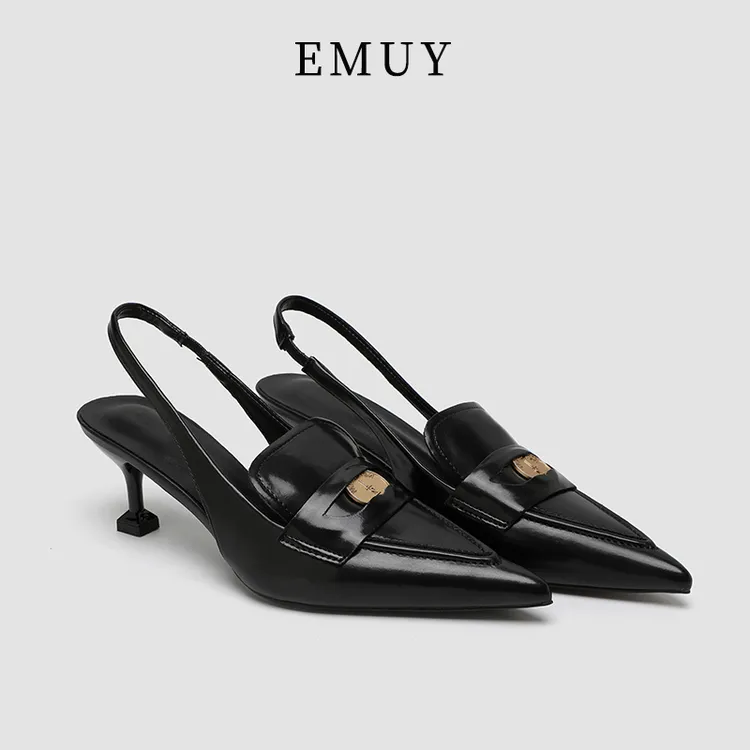 emuy尖头高跟鞋女细跟单鞋夏季新款百搭性感猫跟小众后空包头凉鞋