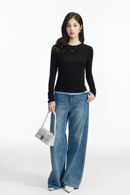 【叶可可专享】]Chic风长袖常规拼接有机长袖T恤圆领打底衫秋冬宽松