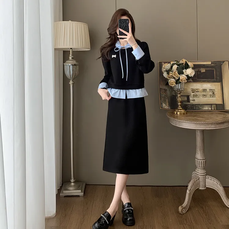 早秋高级感时尚蝴蝶结撞色假两件套长袖衬衫配裙子套装两件套显瘦