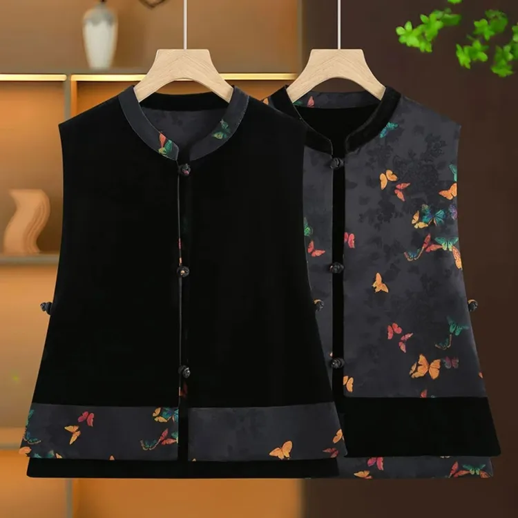 【彩蝶】双面穿新中式中国风马甲妈妈装提花拼接丝绒女士坎肩马夹