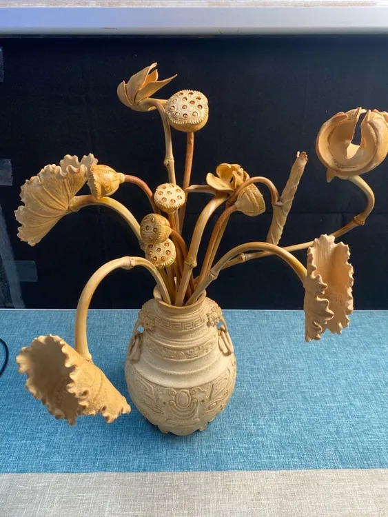 竹根雕摆件莲蓬莲花花瓶东阳竹雕工艺