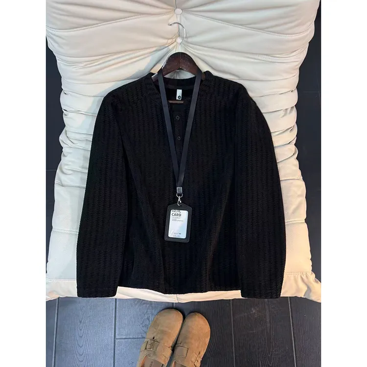 黑色鱼骨纹加绒卫衣男秋冬美式正肩亨利领长袖T恤雪尼尔针织外套