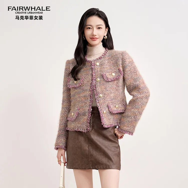 马克华菲女装小香风圆领拉毛流苏气质长袖短款时尚秋冬粗花呢外套