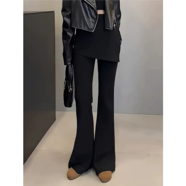 秋冬加绒加厚屁帘设计感微喇裤女韩版假两件大码胖mm显瘦休闲长裤