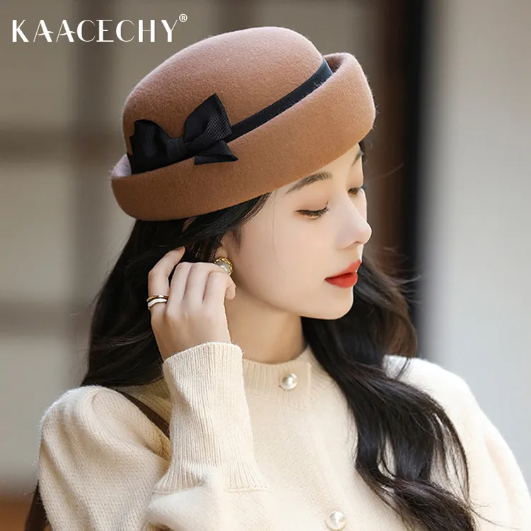 赫本高级感帽子女款2026新款时尚羊毛蝴蝶结礼帽英伦复古空姐帽