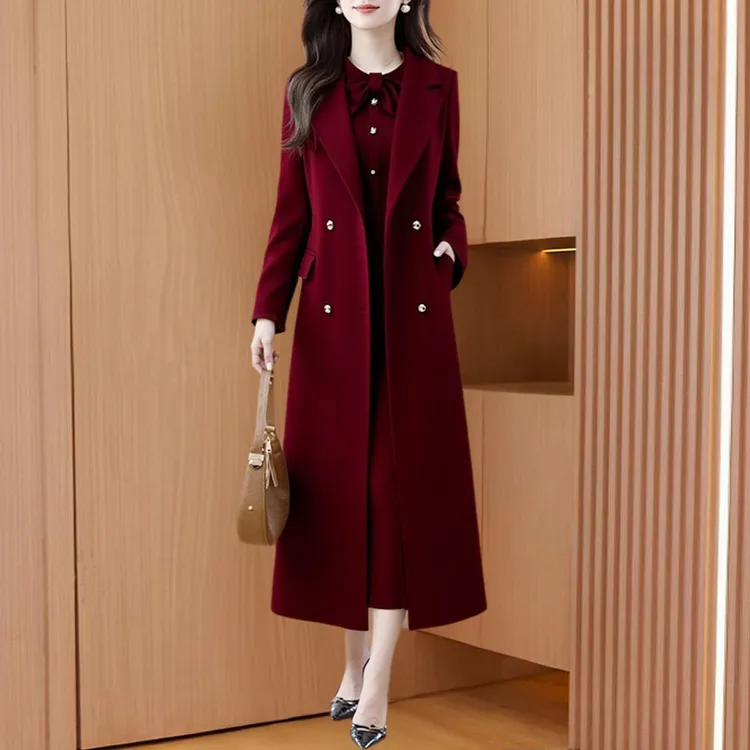 风衣外套连衣裙两件套女中长款春秋高级感红色妈妈喜婆婆婚宴套装