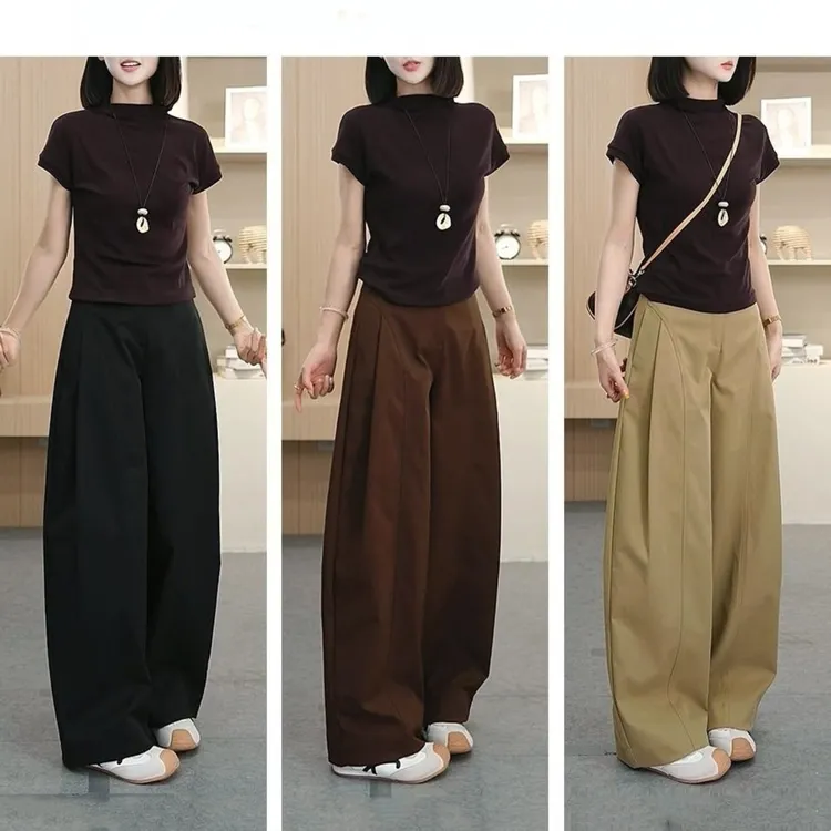 美式复古侧压褶阔腿裤女2025秋季新款高腰显瘦宽松抗皱直筒休闲裤