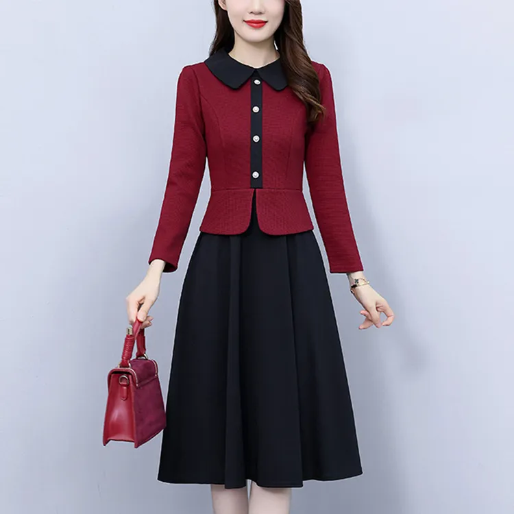 连衣裙女秋冬2025新款时尚拼接假两件显瘦大摆喜婆婆长款裙子