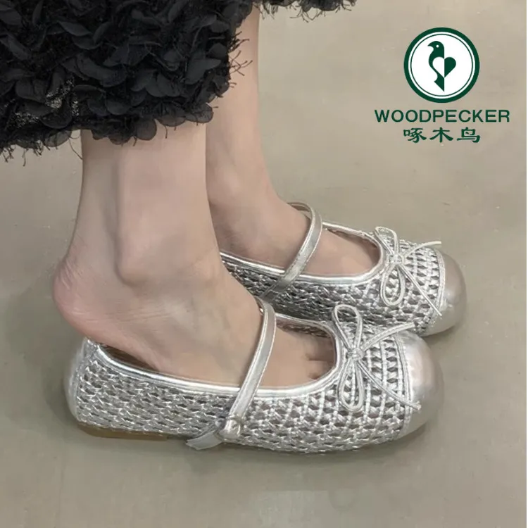 啄木鸟平底鞋银色单鞋女凉鞋2025新款夏季玛丽珍晚晚鞋网面渔网鞋