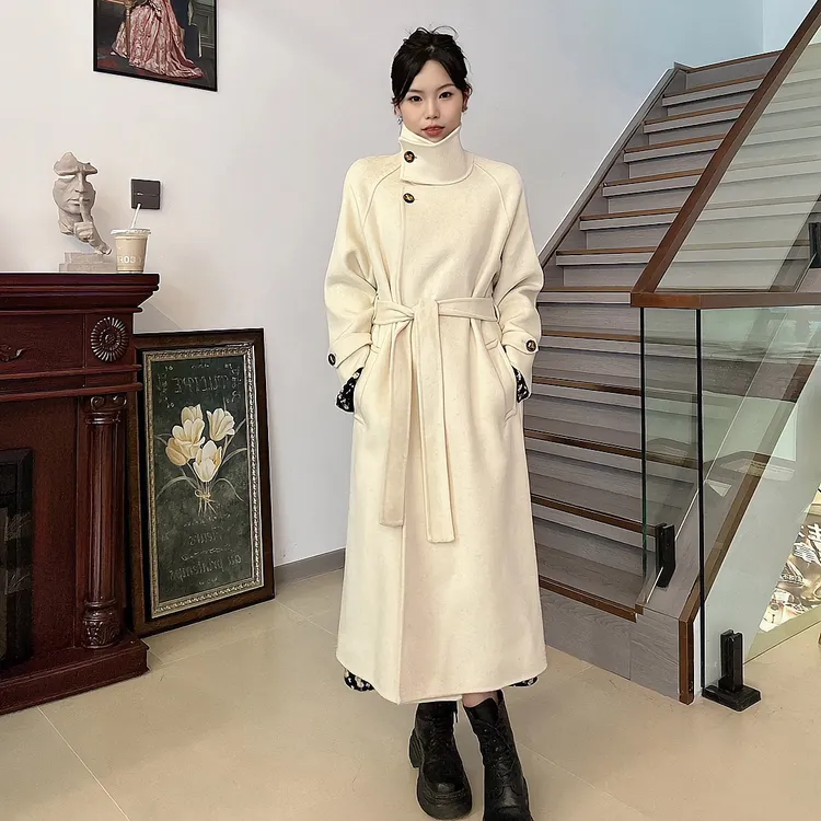 【一见钟情】初剪超细100%羊毛双面呢气质立领长款过膝双面 24-02