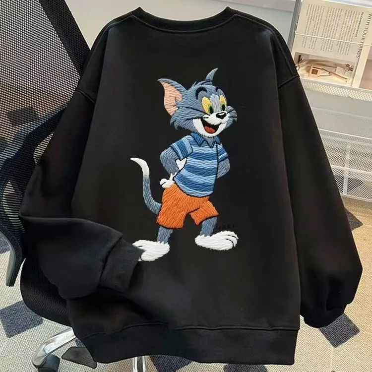 港风男女情侣卡通仿刺绣印花圆领卫衣长袖学院风复古潮流宽松上衣