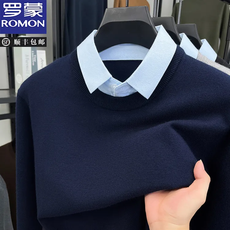 罗蒙男装2025秋冬季加厚假两件针织衫男士打底衫保暖舒适翻领毛衣