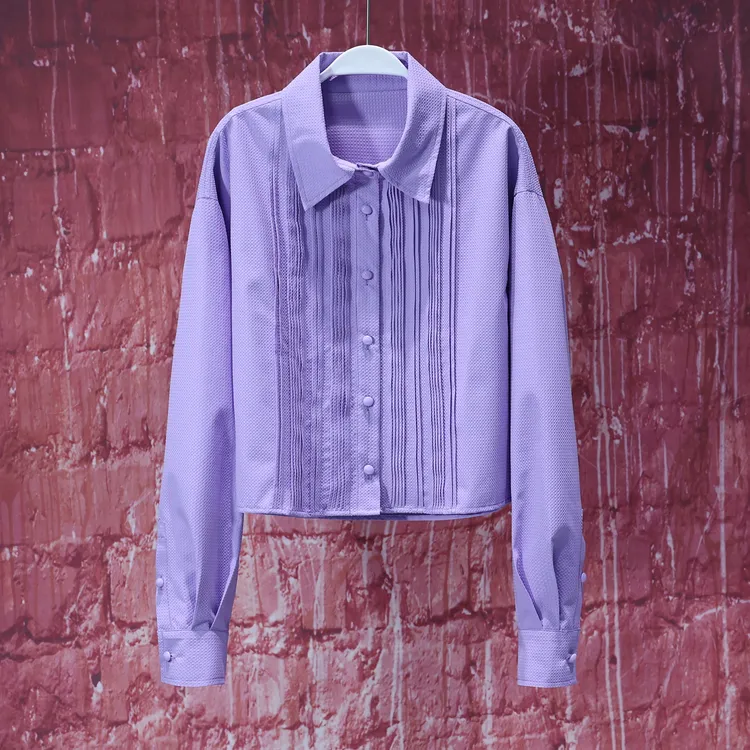 【韩哥女装】设计师《紫陌微微弄袖风》青莲紫扩版条纹压褶衬衫6163A