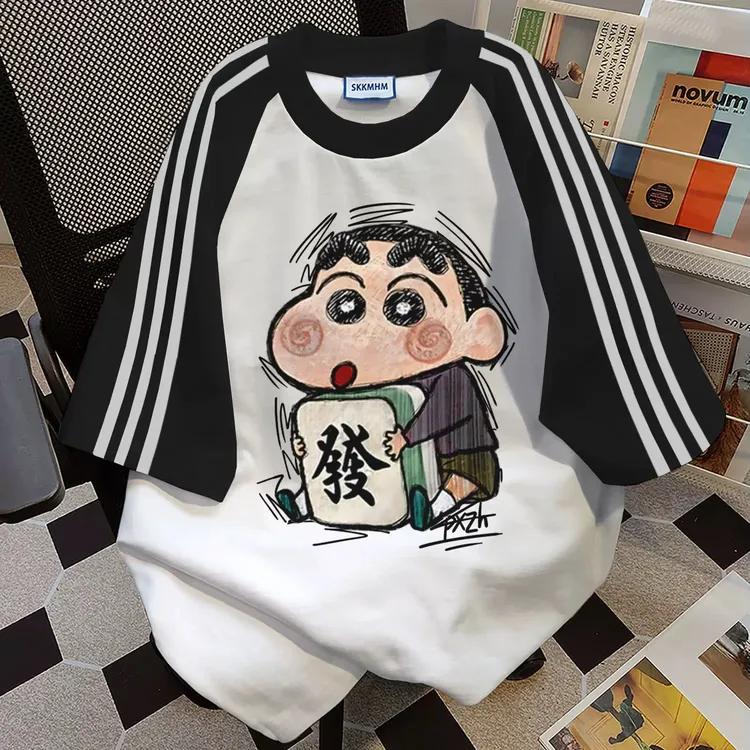 纯棉拼接三条杠短袖T恤男女休闲半袖洋气学生情侣圆领宽松上衣潮