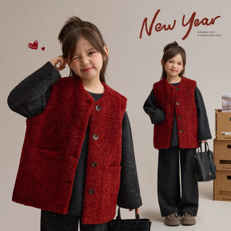 【福运绵绵】女童冬季一体绒环保皮草马甲保暖新年外套汉服9360D