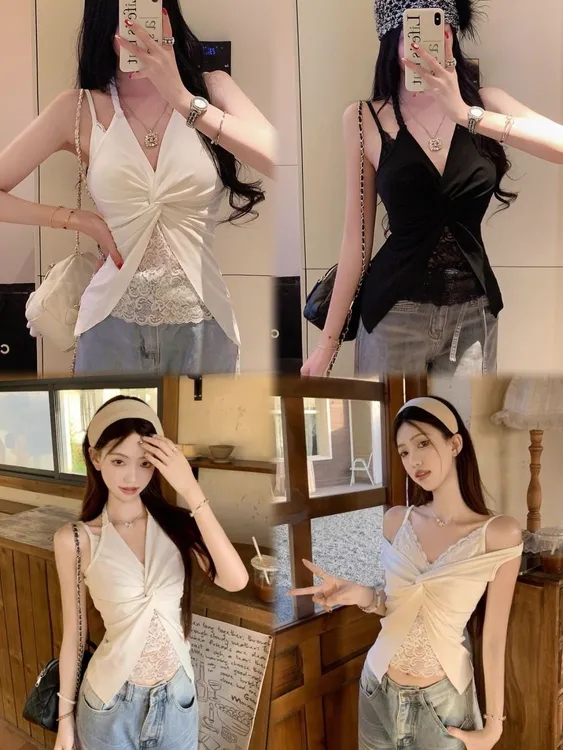 设计感V领挂脖扭结吊带背心带胸垫性感蕾丝辣妹美背